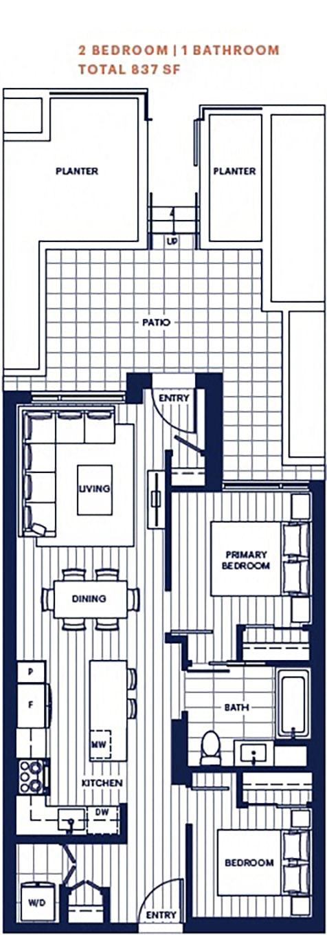 Floor plan for 2 beds, 1 bath, 722 sqft